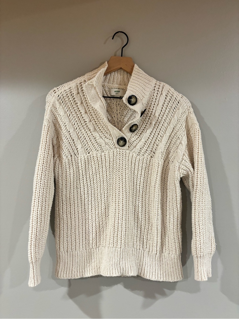 Aerie Knit Sweater Half Button Down Size XS Cream
